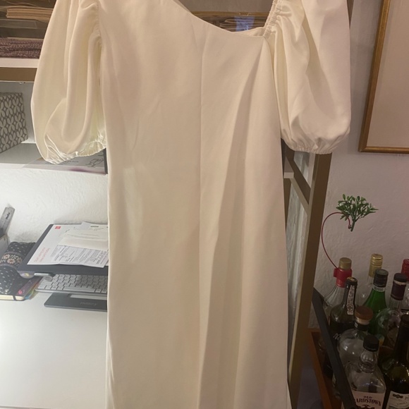 ASOS asymmetric puff sleeve knot tuck midi dress in ivory - Picture 8 of 8